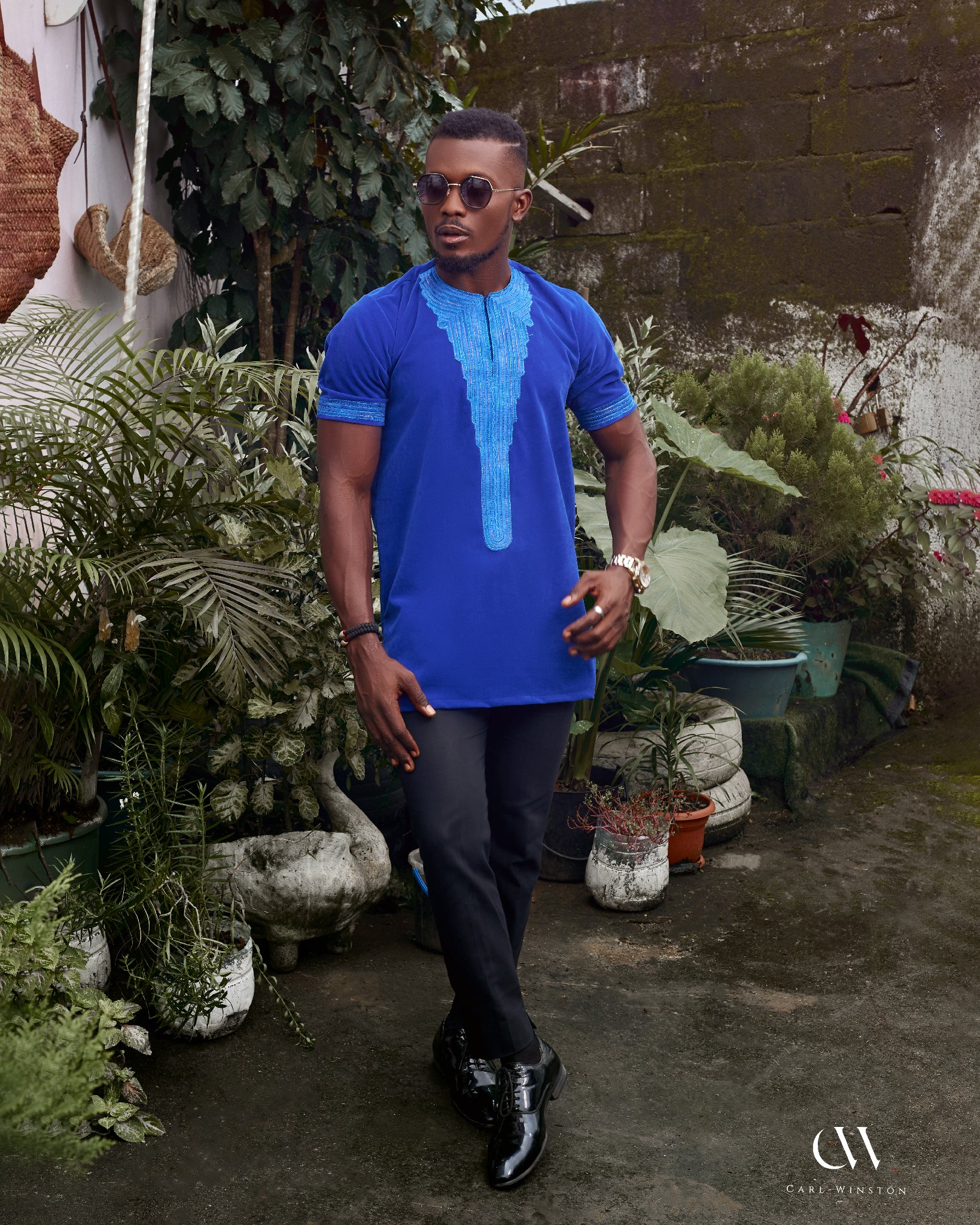 Royal Blue Velvet Heritage Short Sleeve Top Handcrafted Cameroon Carl-Winston