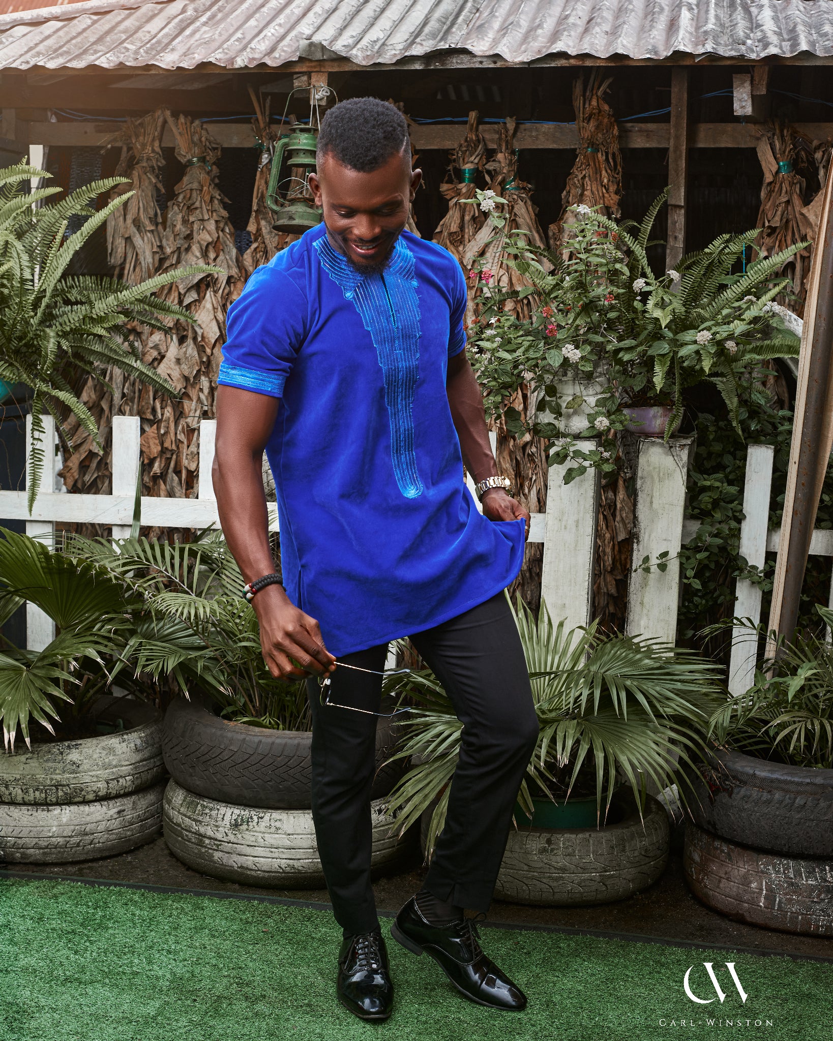 Royal Blue Velvet Heritage Short Sleeve Top Men Carl-Winston