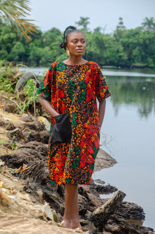Anakara Orange Green Red Brown Floral Dress with pocket loose fitting Carl-Winston