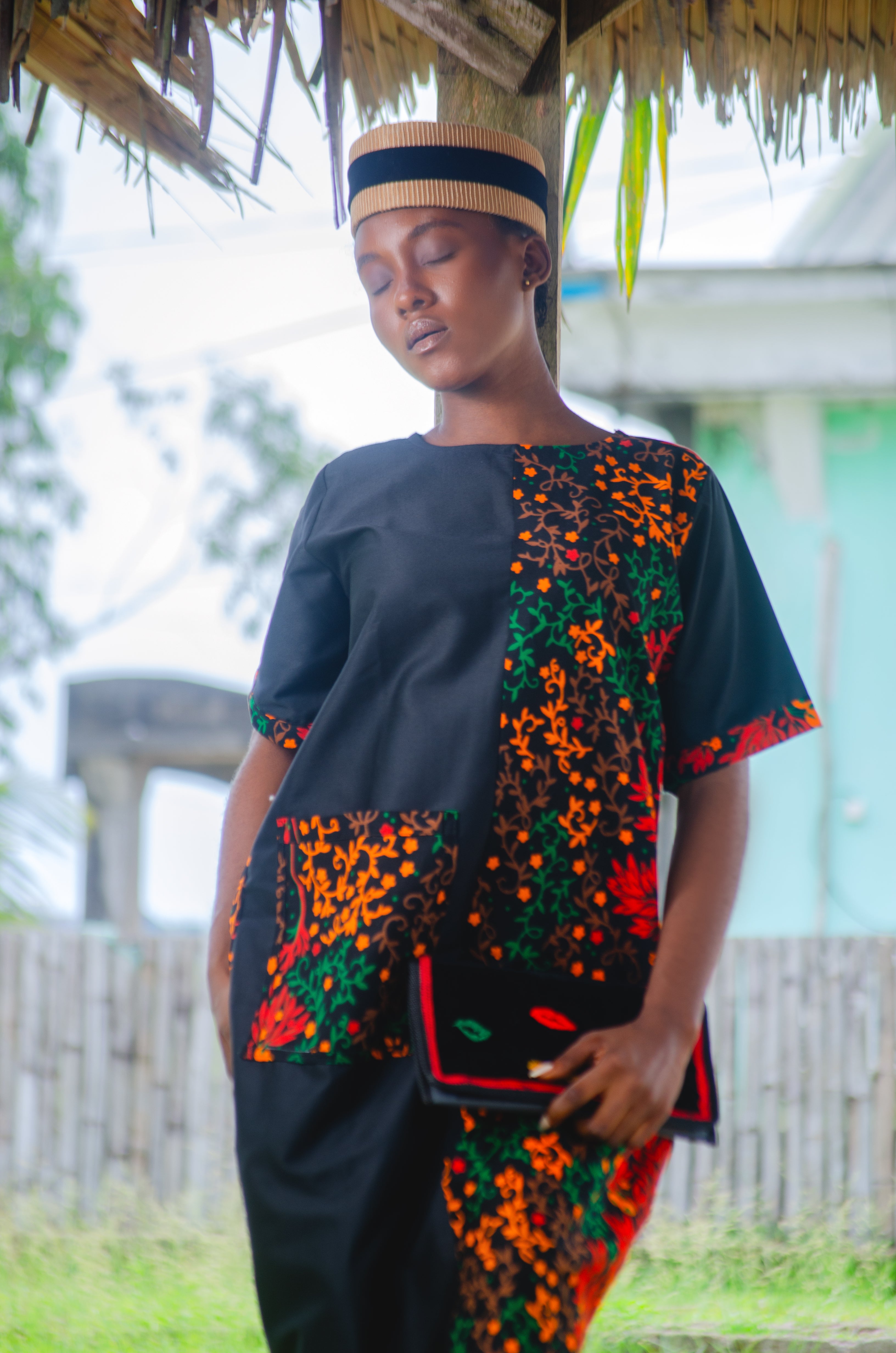 Flowing Ankara Summer Orange Green Red Brown Floral Kabba half black accent with pocket dress Carl-Winston