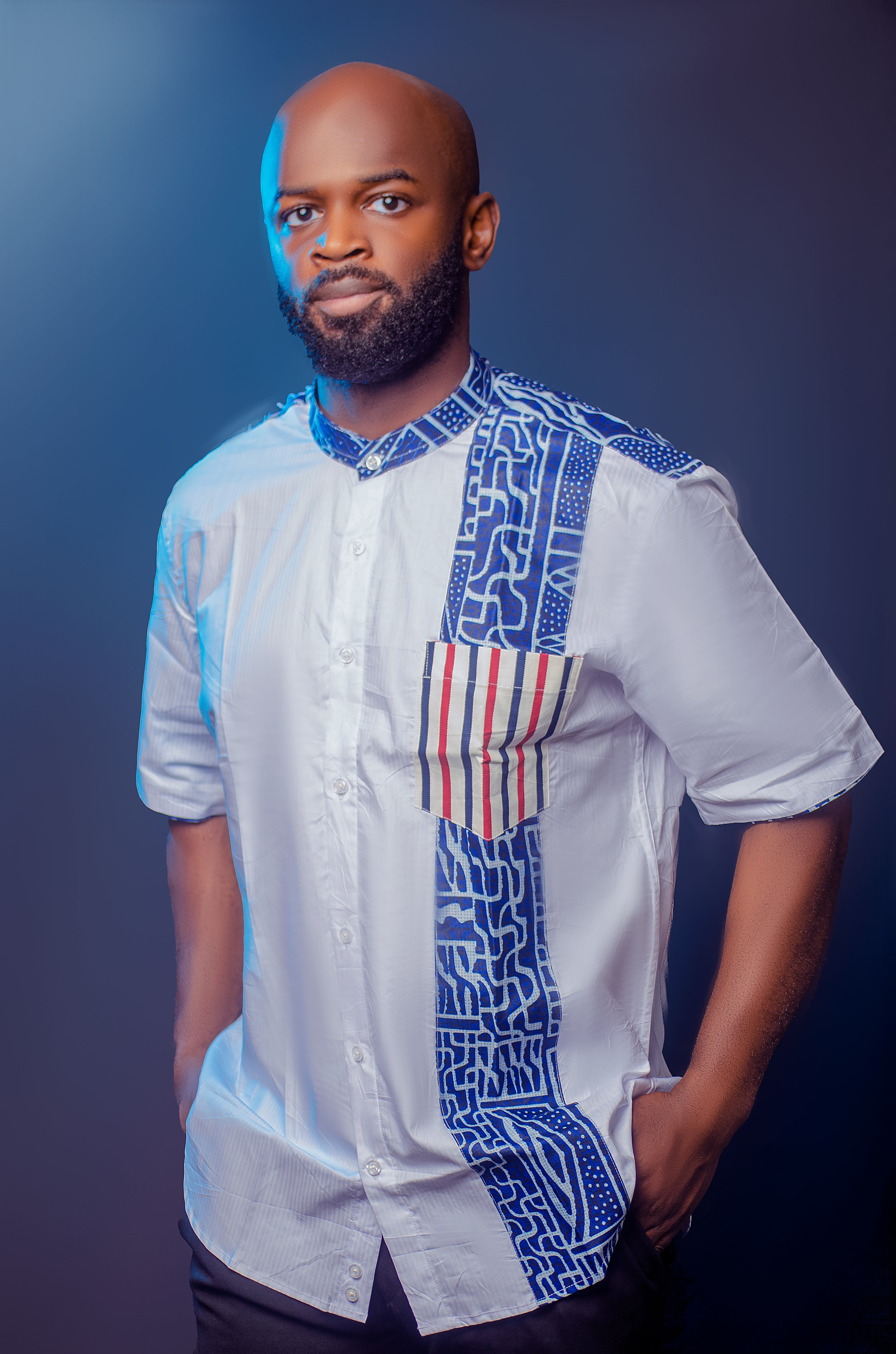 Cotton White Bamileke Short Sleeve Top striped pattern pocket Carl-Winston