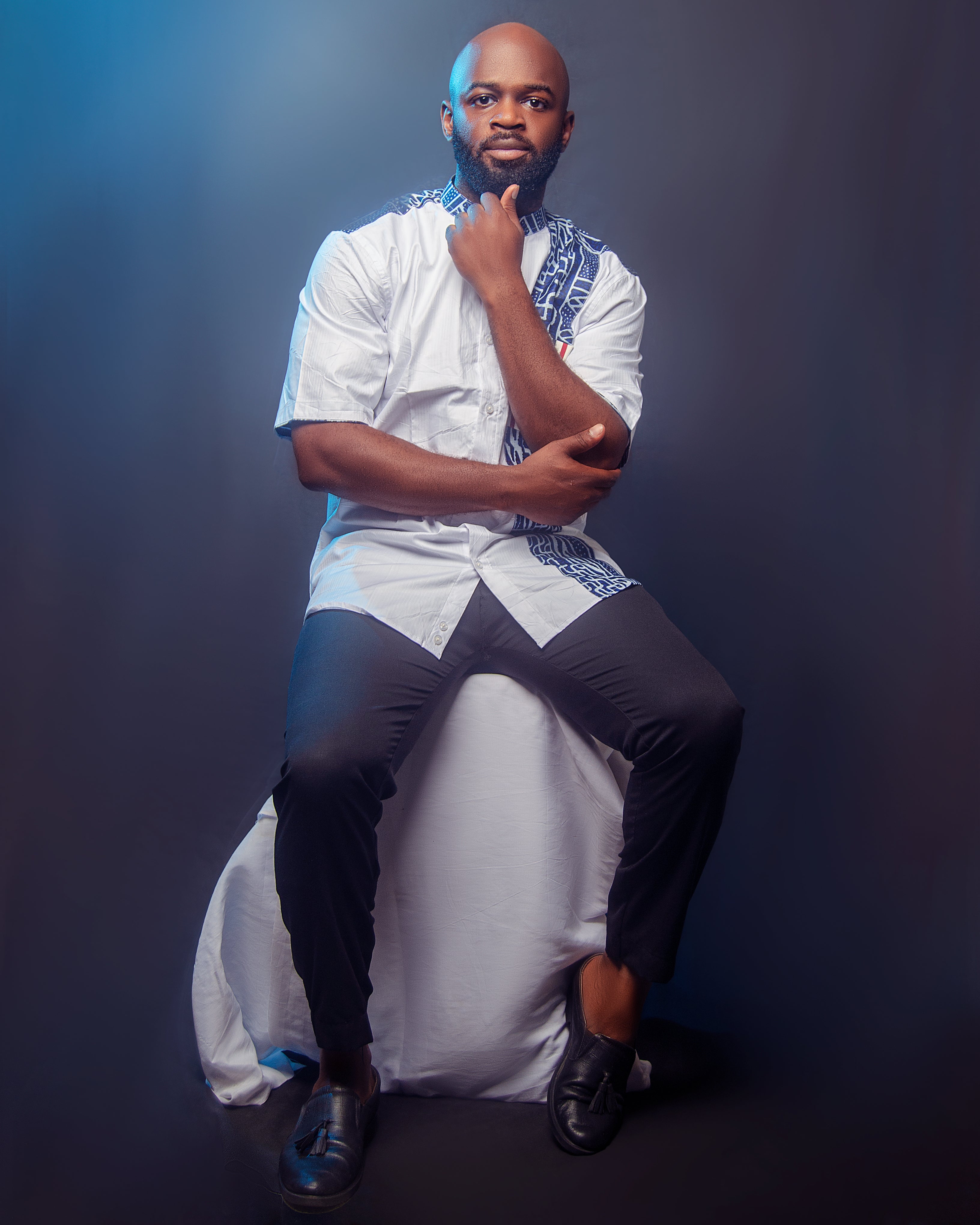 Cotton White Bamileke Short Sleeve Top striped pattern pocket Carl-Winston Cameroon African Heritage