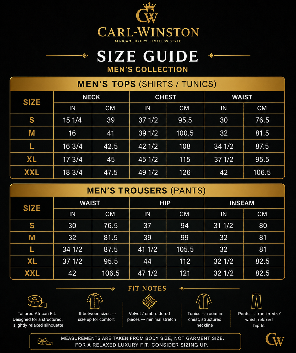 Size guide for men's tops and trousers by Carl Winston on a black background