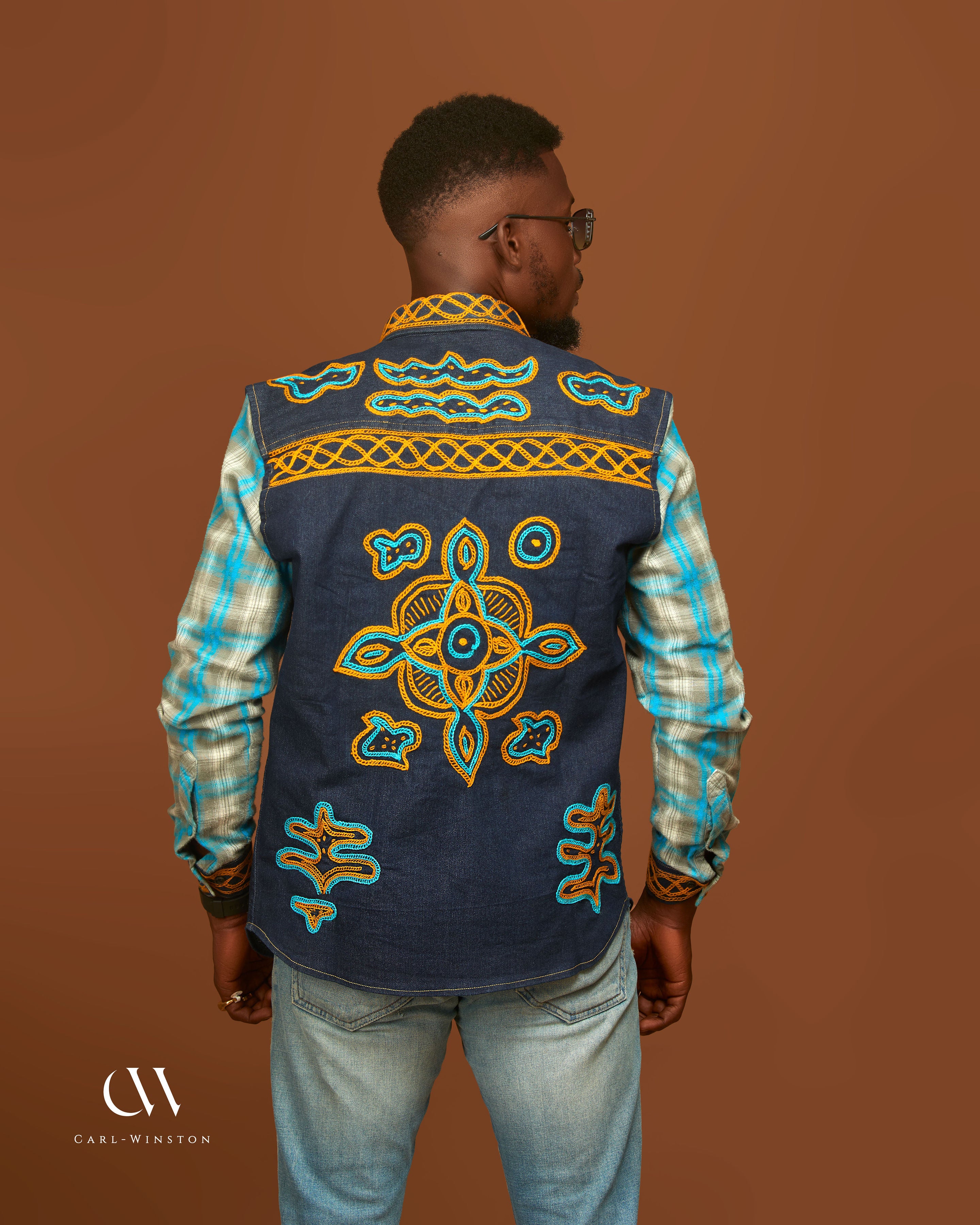 Carl-Winston Reclaimed Heritage Denim Shirt | Upcycled Plaid Sleeve Embroidered Statement Piece