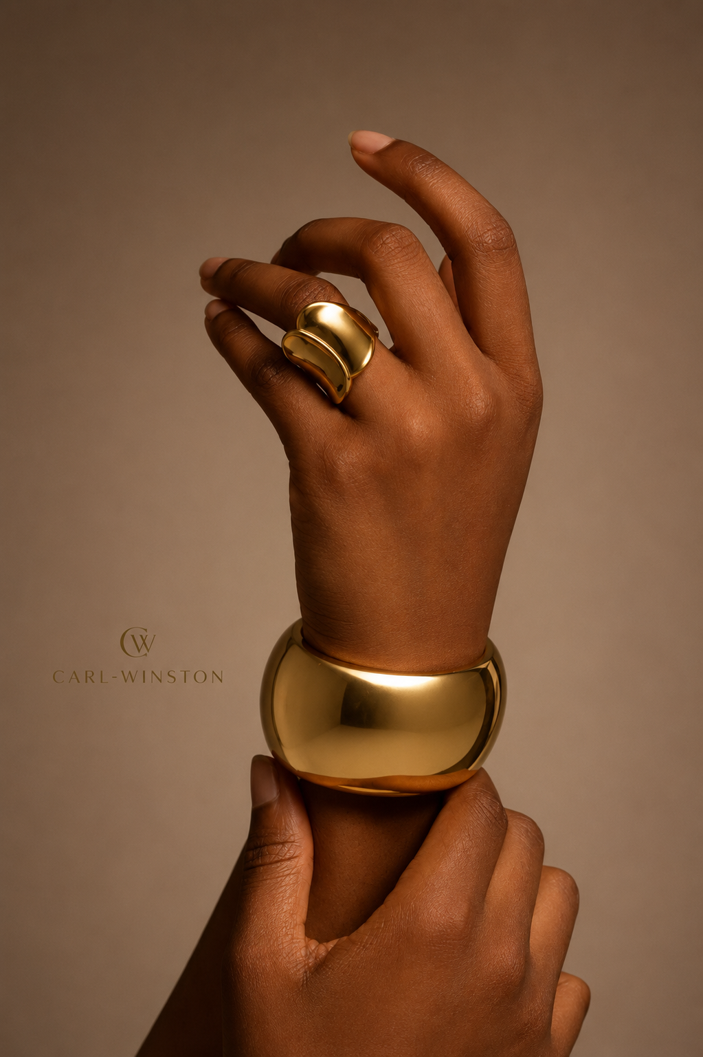 Carl-Winston Sculptural Gold Cuff & Statement Ring Set
