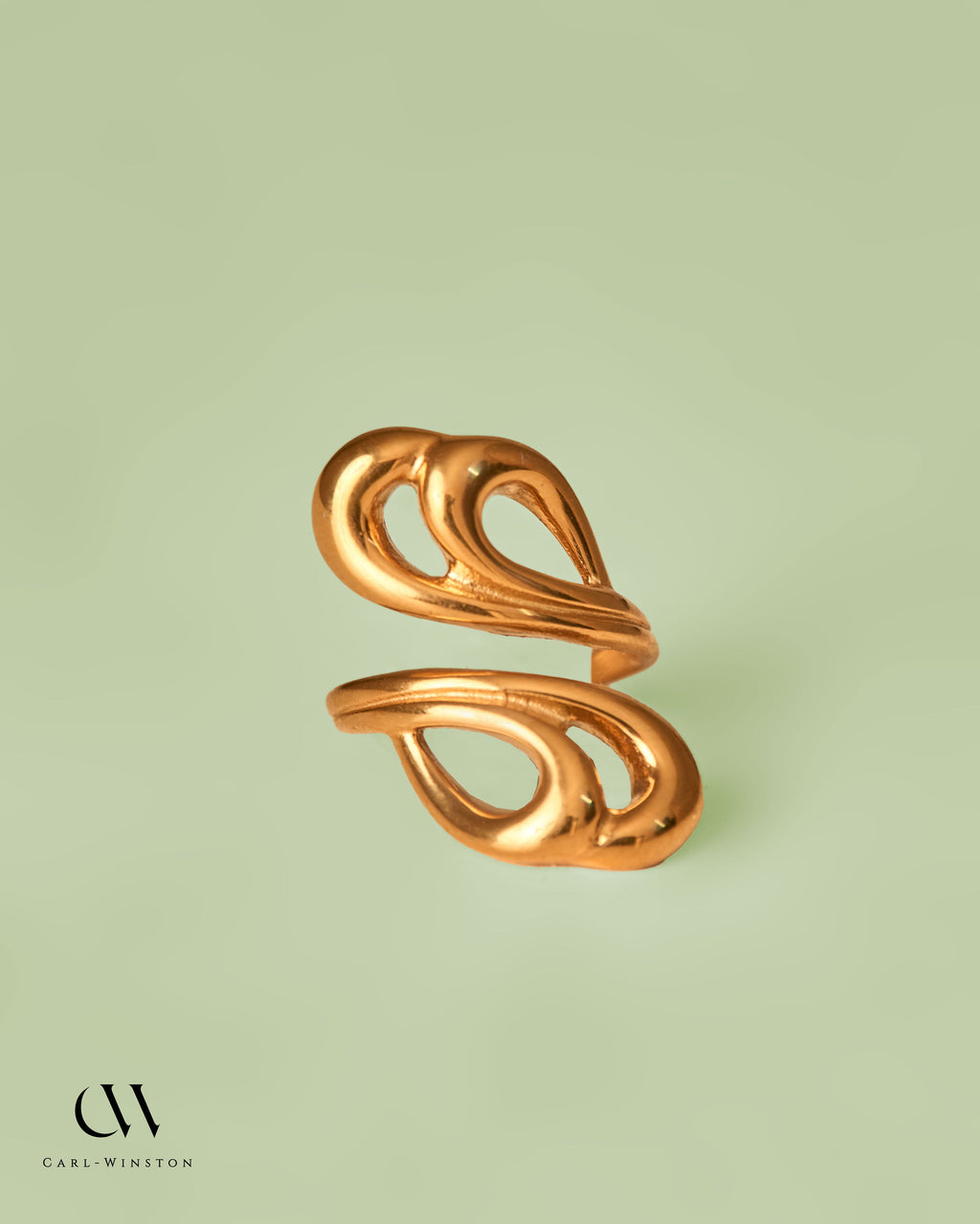 Gold ring with a wavy design on a light green background