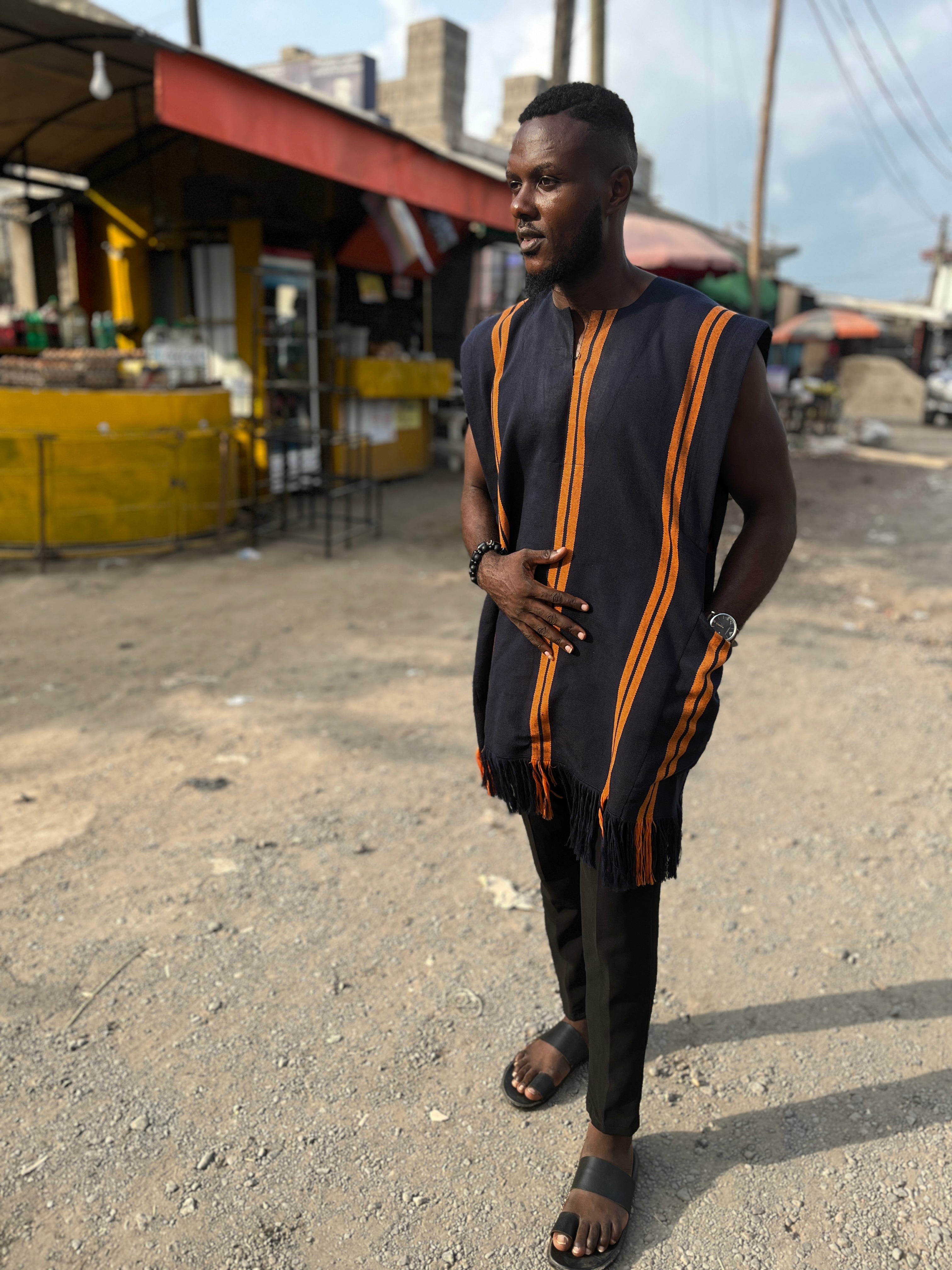  Ghana Bubu Tops black with orange stripes fringe Carl-Winston