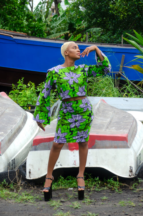 Handcrafted lightweight cotton Green top skirt set with floral pattern blue black Carl-Winston