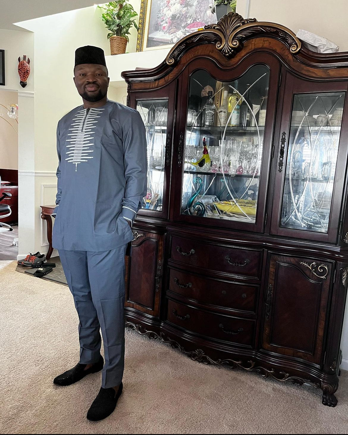 African Handmade Blue White Embroidered Traditional Set Carl-Winston