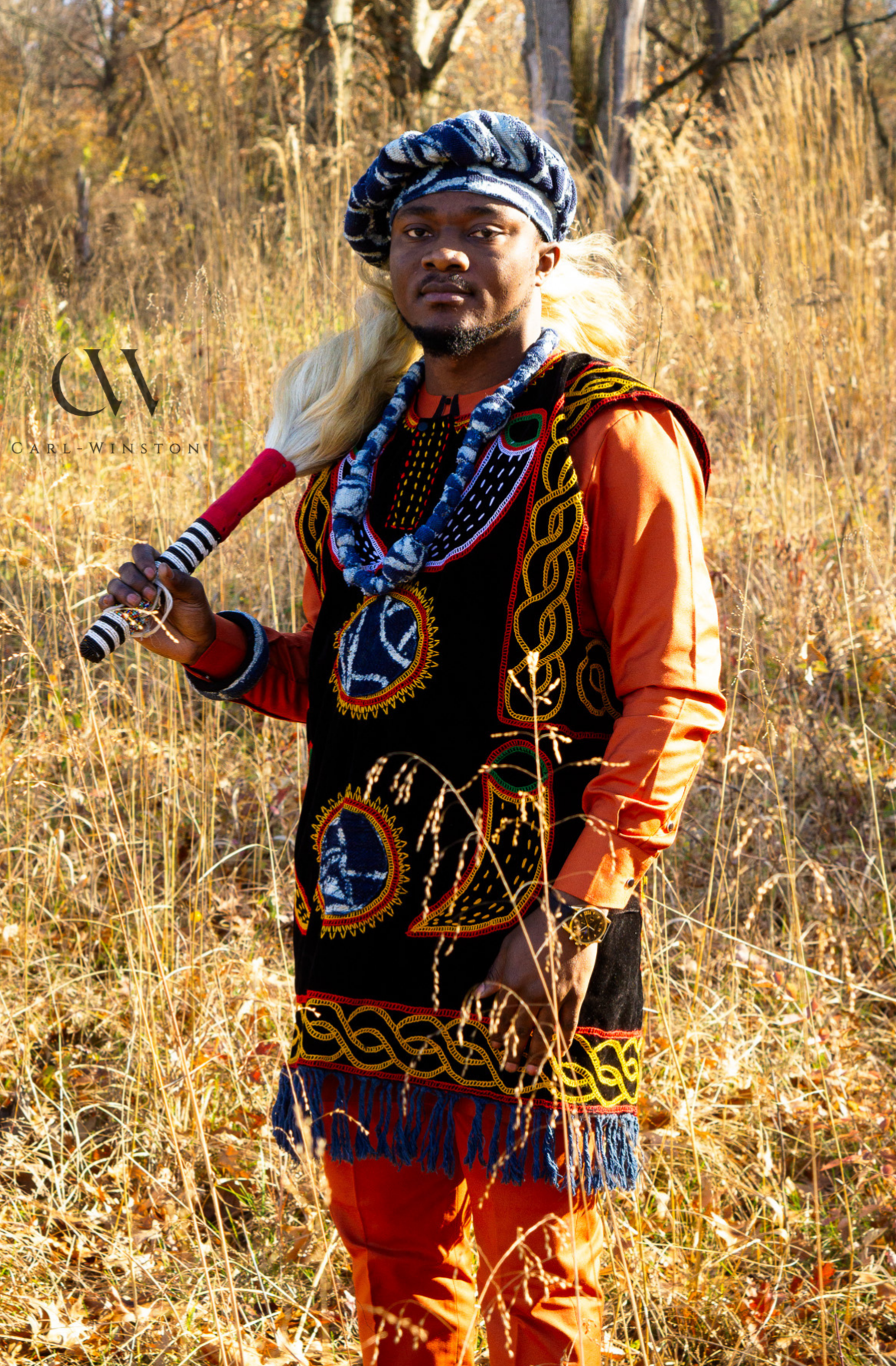 Ndop-Atoghu Top featuring two circular Ndop embroidery white elephant tusk African Heritage Carl-Winston