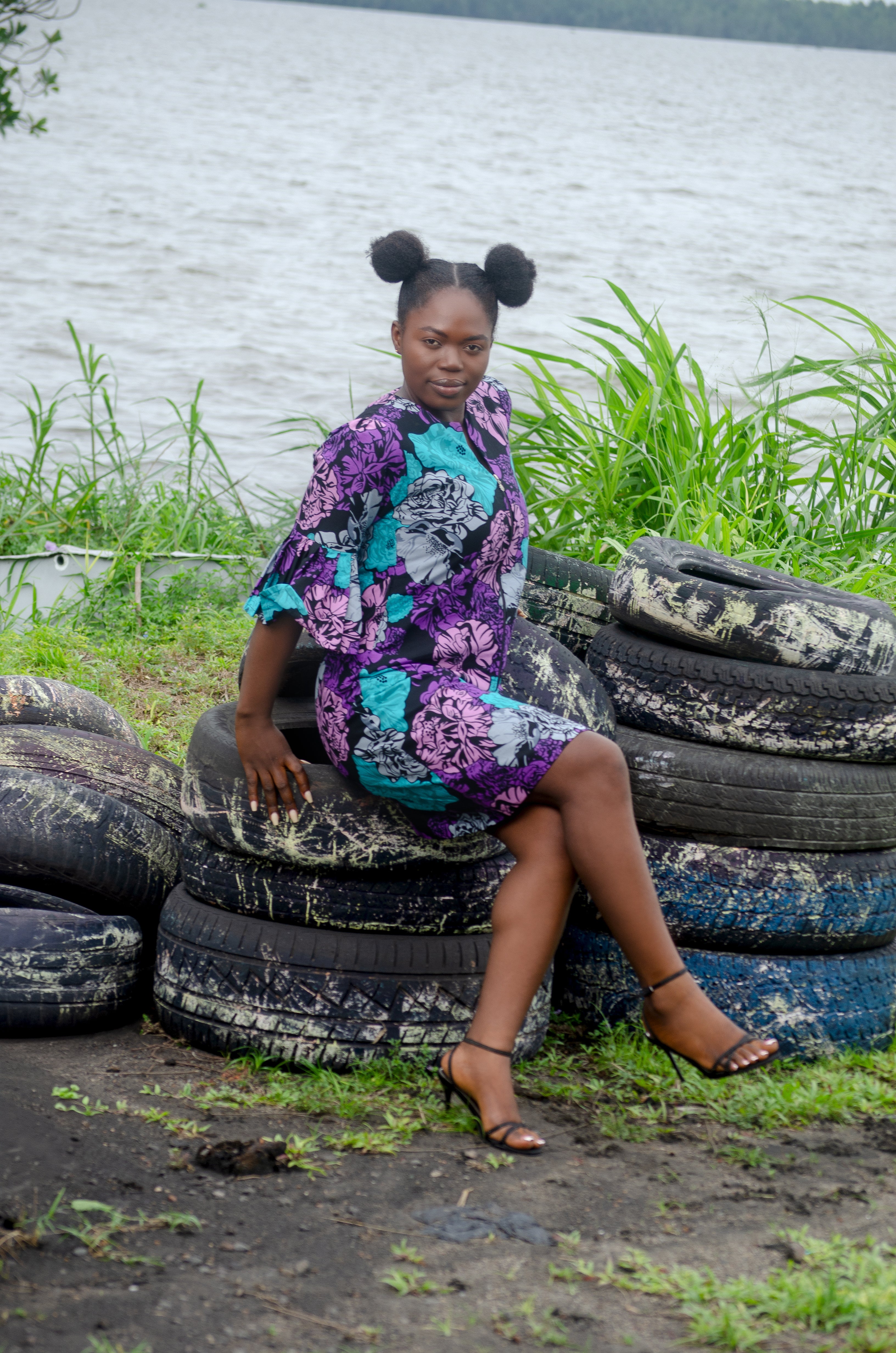 Purple Blue Gray Floral Dress with Peplum sleeves African Heritage Carl-Wisnton