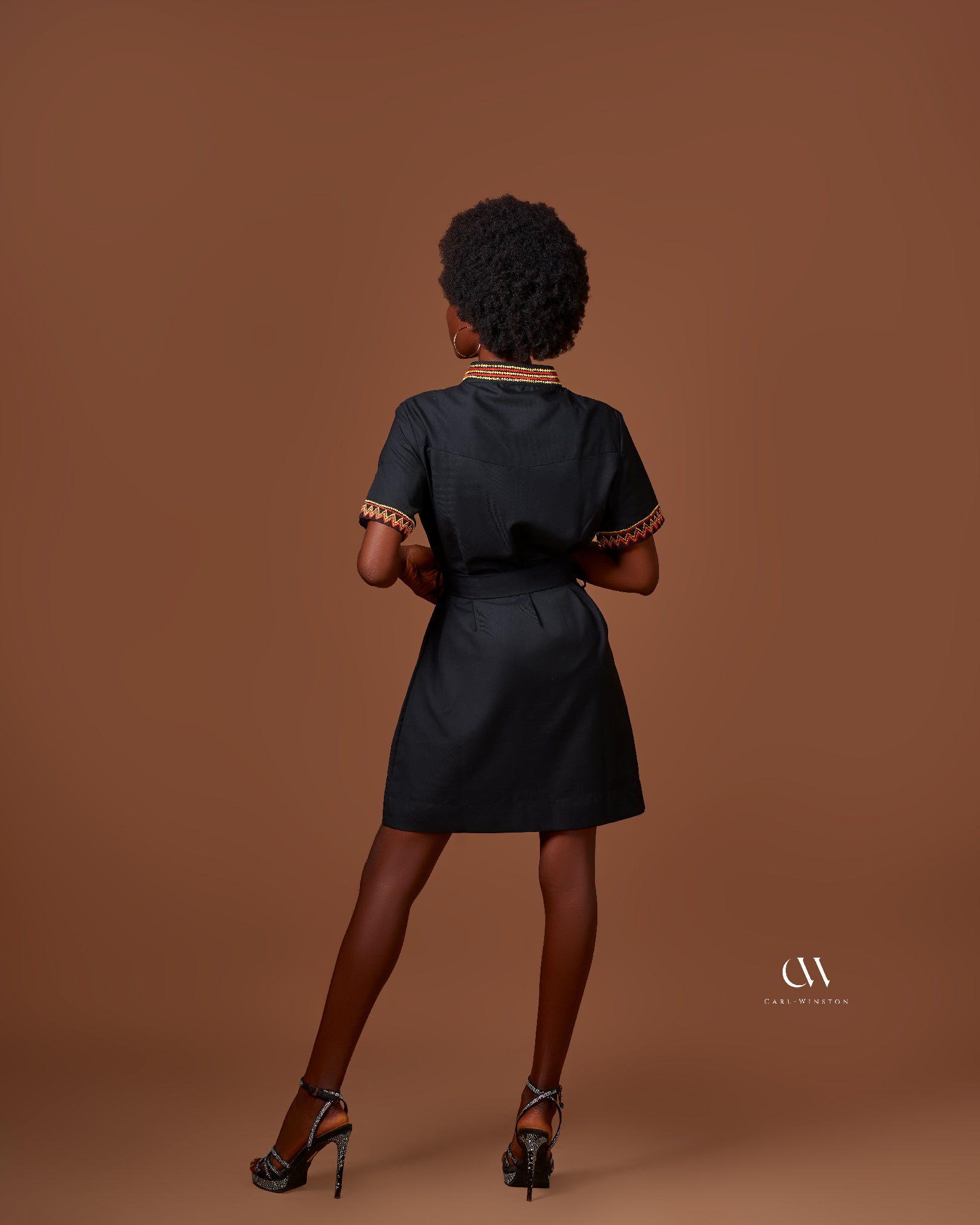 Red Gold Embroidery Black belted waist short dress Carl-Winston