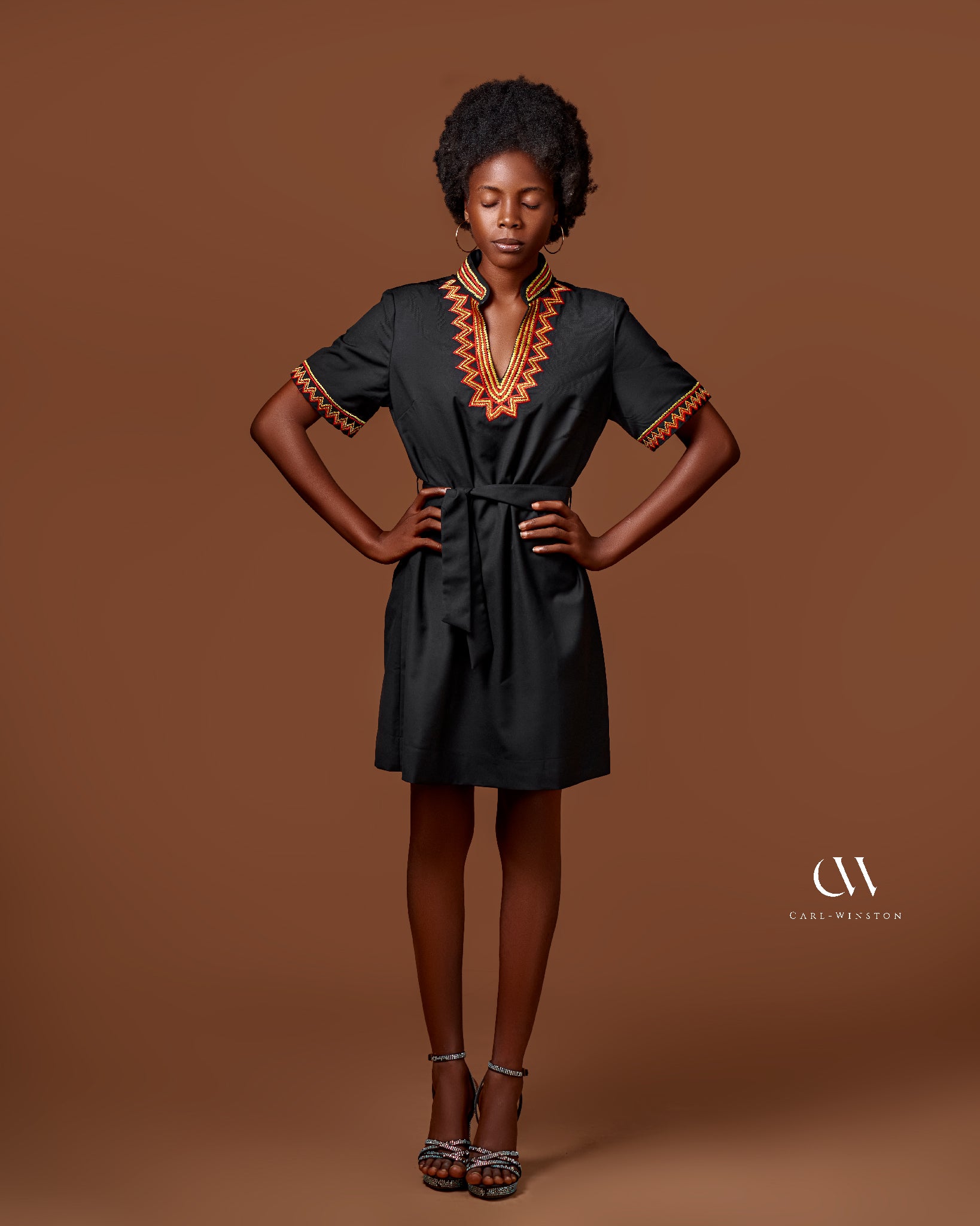 Plunge neckline gold red zig zag embroidery belted waist 100% cotton modern heritage dress Carl-Winston 