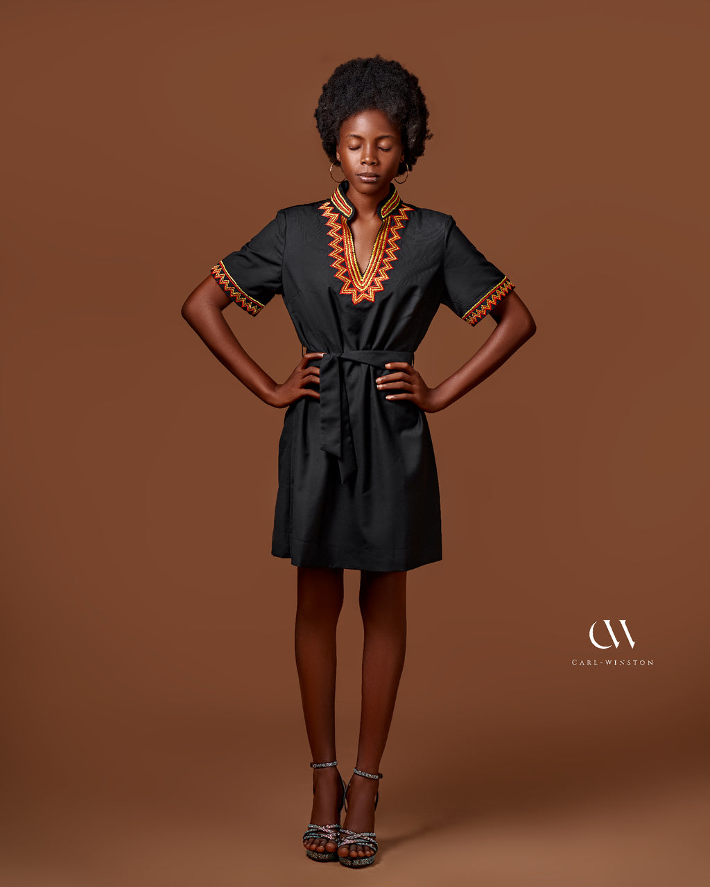 Plunge neckline gold red zig zag embroidery belted waist 100% cotton modern heritage dress Carl-Winston 