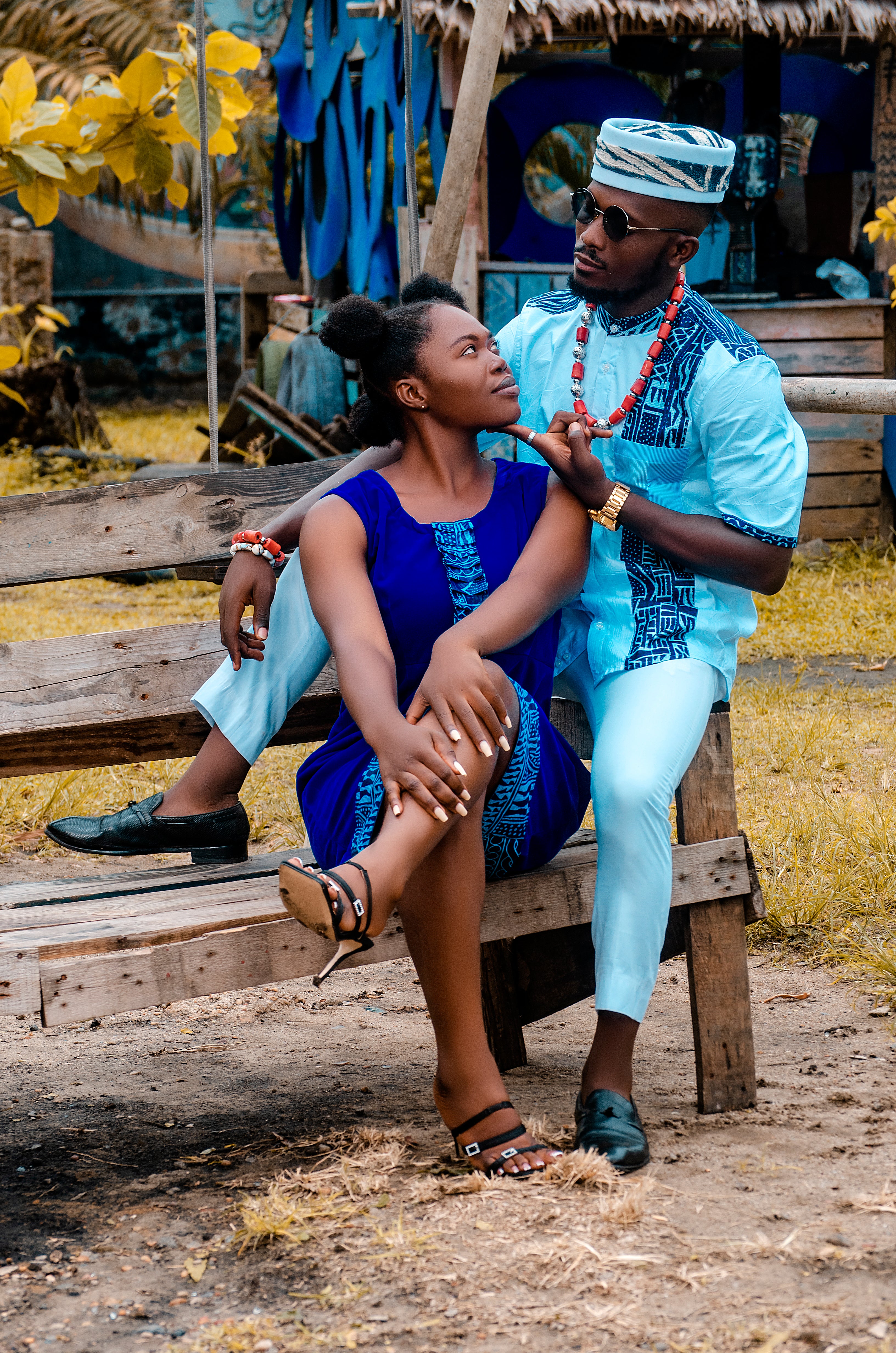 Blue Bamileke Short Sleeve Top Handcrafted Cameroon Cotton Carl-Winston