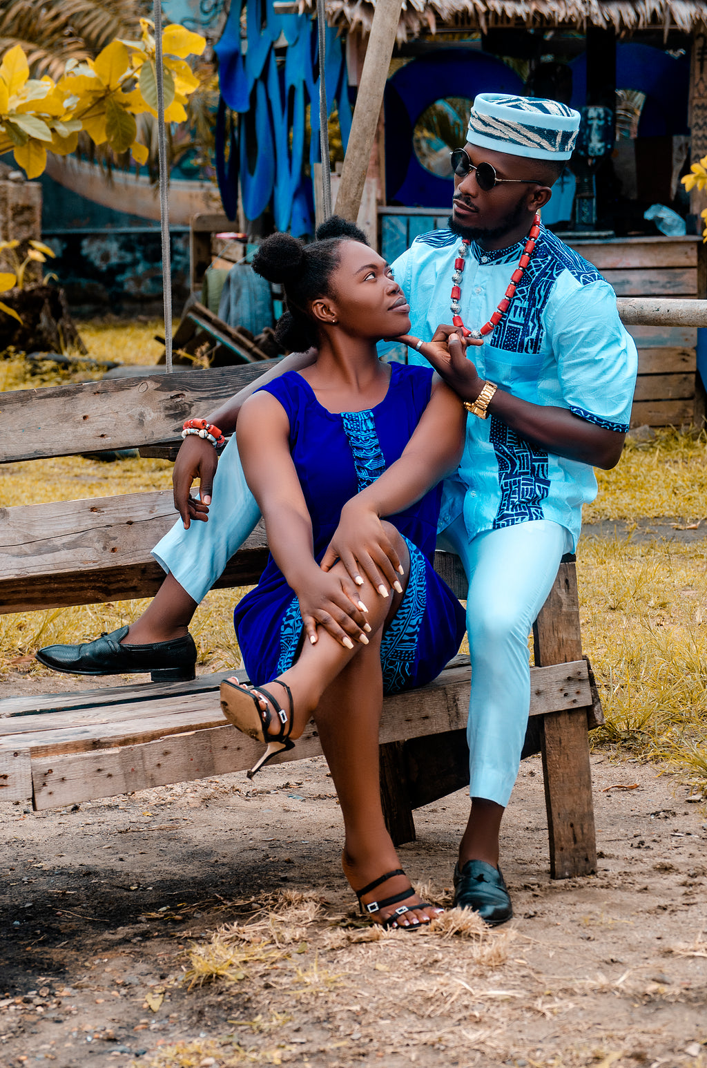 Blue Bamileke Short Sleeve Top Handcrafted Cameroon Cotton Carl-Winston