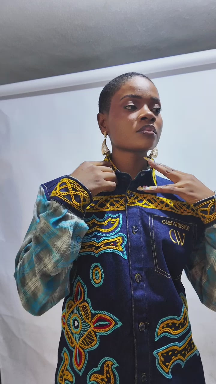 Carl-Winston Reclaimed Heritage Denim Shirt | Upcycled Plaid Sleeve Embroidered Statement Piece